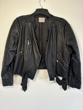 ASOS Black Quilted Shoulder Faux Leather Moto Jacket with Belted Hem